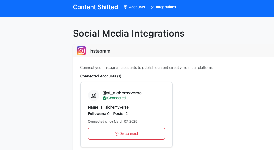 Screenshot showing the Disconnect button for Instagram integration